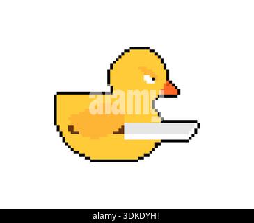 yellow bathing duck rendered in square pixels. Nostalgic 8-bit gaming aesthetic for creative web design, cross-stitch patterns, or mosaic art. Simple Stock Vector