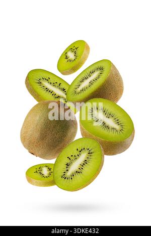 Freshly cut kiwi fruit slices with bright green flesh, tiny black seeds soar as flow, isolated on white background. Great for summer detox menu, vitam Stock Photo