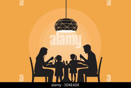 Happy Family Dinner Silhouette Vector Illustration with Warm Light and Cozy Interior Background Stock Vector