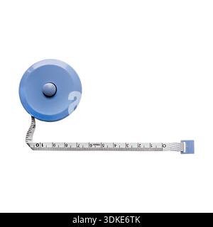 A light blue measuring tape with a round blue body and a flexible tape with a graduated scale. The tape is light in color with dark markings and Stock Photo