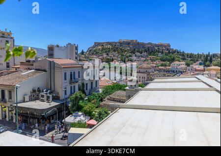 Rooftop view across central Athens toward the Acropolis hill and Parthenon, overlooking the Plaka neighborhood, Greece. Stock Photo
