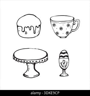Whimsy Easter set with cake holder, teacup, egg holder and cake  Stock Vector