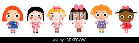 Cute hand painted vector dolls set with dresses and bows,Kawaii toy illustration for kids and baby designs Stock Vector