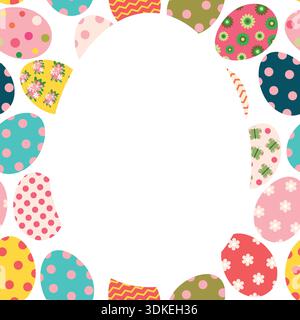Cute colorful Easter brochure or greeting card with colored eggs and white oval copy space Stock Vector