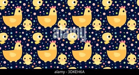 Cute vector seamless pattern with chickens and hens on dark background with colorful polka dots for kids and baby designs Stock Vector