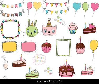Cute hand drawn doodle elements for birthday and party designs with balloons, cakes and buntings in bright colors Stock Vector
