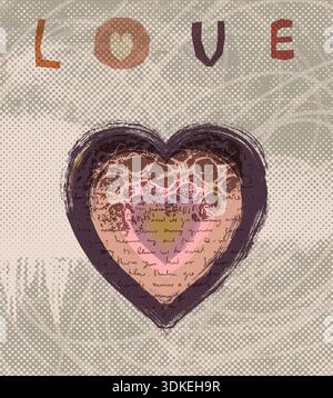 Vector poster with rough brush heart with lace texture and hand written text, halftone paint graffiti background with text love Stock Vector