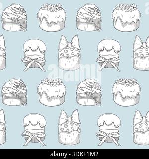 Hand-drawn seamless pattern made of Easter cakes with different decor in graphic detailed sketch style on light blue background Stock Vector