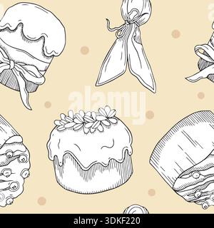 Hand-drawn seamless pattern made of Easter cakes and eggs with different decor in graphic detailed sketch style Stock Vector