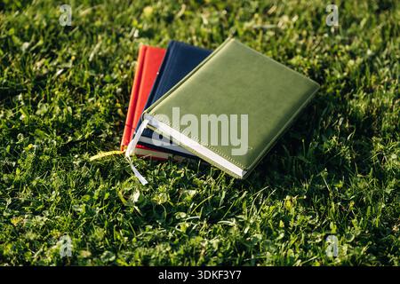 Notepads on the green grass, close up view. Stock Photo