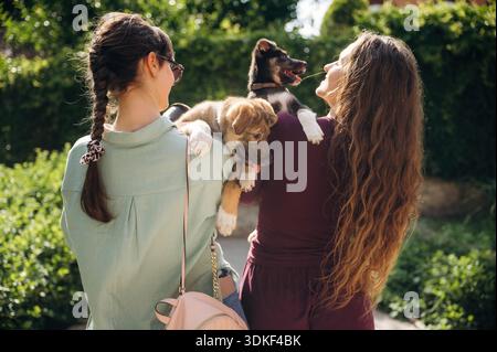 Rear view of two women that are standing and holding dogs in hands. Stock Photo