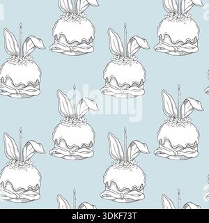 Hand-drawn seamless pattern made of Easter cakes with bunny ears in graphic detailed sketch style on light blue background Stock Vector
