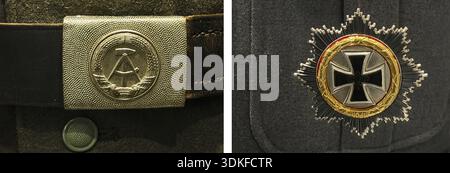 National People's Army uniform with GDR coat of arms and Bundeswehr uniform with the Iron Cross, detail, House of History, Bonn, Germany, pair of pict Stock Photo
