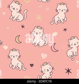 Seamless pattern with cute cats in the crown, with glitter. Pattern for girls, for textiles, children's clothing, overprint paper, prints. Stock Vector