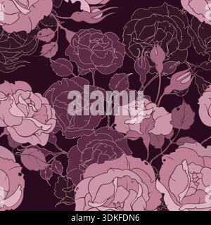 Seamless floral pattern with fawn tender pink roses on a dark burgundy background. vector illustration Stock Vector