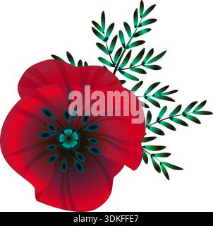 flowers bright red poppies, leaves and buds, vector illustration, Stock Vector