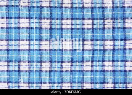Textile blue box, fabric blue plaid cover. Blue classic checkered pattern. blue checkered fabric closeup, tablecloth texture Stock Photo
