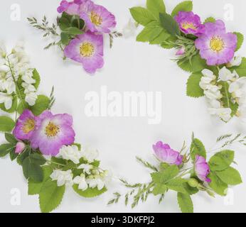 Decorative composition in retro style consisting of pink wild rose and white locust flowers with green leaves on white background. Top view, flat lay Stock Photo
