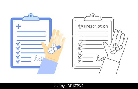 Hand holding pill near paper prescription, flat and linear versions with editable stroke. Stock Vector