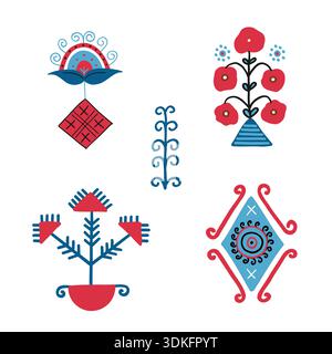 Vector set of hand drawn Easter elements traditional in Ukrainian culture. Tree of life, flowers, geometric shapes. Stock Vector