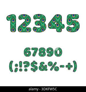 Numbers and symbols made from peacock feathers. Isolated vector objects on white background. Stock Vector