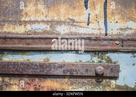 Old rusty metal grunge background with with two metal strips, blue paint flaking and cracking texture Stock Photo
