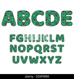 Font, alphabet made from peacock feathers. Isolated vector objects on white background. Stock Vector