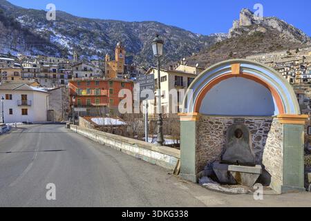 Bridge at the entrance to small french alpine town of Tende in Alps, France Stock Photo