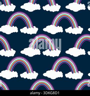 Trendy seamless pattern with colorful rainbow on color background. Design for invitation, poster, card, fabric, textile, fabric. Cute holiday illustra Stock Vector