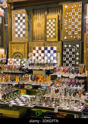 Istanbul , Turkey , 23 December, 2025 , Display of ornate hand carved chess sets and boards for sale at a souvenir shop at the Istanbul Grand Bazaar i Stock Photo