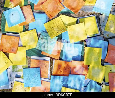 Colorful clean sponge cloths background, microfiber household disposable dust cleaning rags Stock Photo