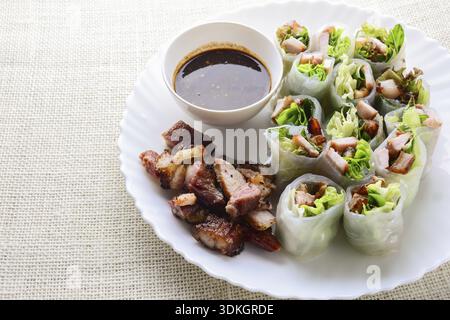 Fresh assorted Asian spring rolls with grilled pork, fresh vegetable. Healthy and delicious dish Stock Photo