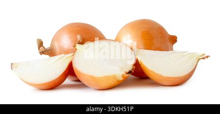 Two bulbs of white or big onions with slices in half and quarters in stack are isolated on white background with clipping path. Stock Photo