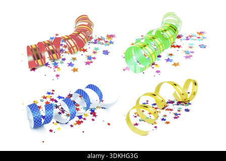 Set of images of multicolored confetti and ribbons isolated on white background Stock Photo