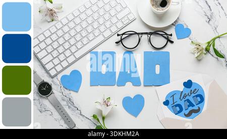 Word DAD with greeting card for Father's Day, computer keyboard and cup of coffee on white background. Different color patterns Stock Photo