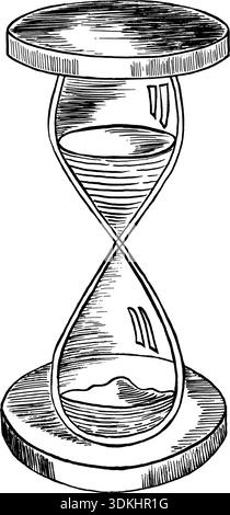 Hourglass in monochrome style. Clock with flowing sand. Vector black and white sketch hand drawn illustration Stock Vector