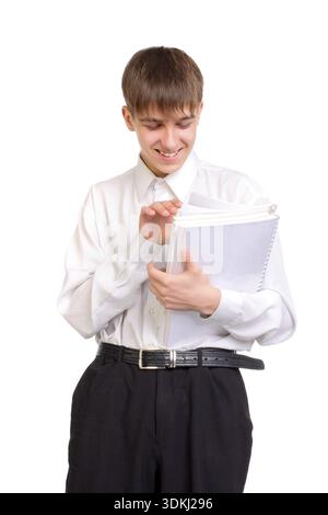 Smiling teenager with books on white background Stock Photo - Alamy