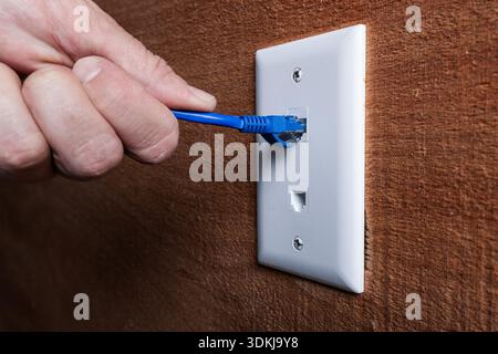 A close-up, high-detail shot of a hand plugging a blue RJ45 Ethernet cable into a white wall-mounted network port. Stock Photo