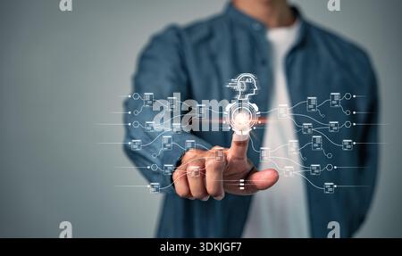 AI is visualized with a human hand touching a glowing digital interface, connecting robot technology and data, which symbolizes future development and Stock Photo