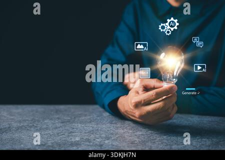 Hand holding glowing lightbulb for idea innovation moment in business background, artificial intelligence icons floating around glass bulb signify dig Stock Photo