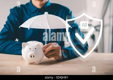 Financial insurance piggy bank money protect risk concept umbrella collage finance depicts man holding umbrella over savings beside digital artificial Stock Photo