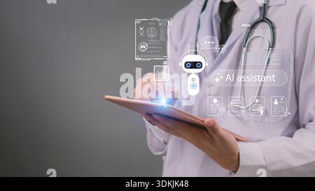 Doctor using tablet with chat bot AI assistant hologram, representing artificial intelligence in healthcare, digital medical technology, and smart pat Stock Photo