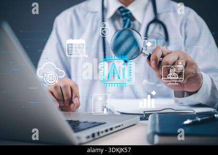 Artificial intelligence in medicine, doctor with magnifying glass analyzing AI technology for digital healthcare, telemedicine solutions, diagnosis, a Stock Photo