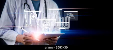 Doctor using tablet with AI healthcare icons, artificial intelligence technology in medicine for patient care, diagnosis, and hospital management. Stock Photo