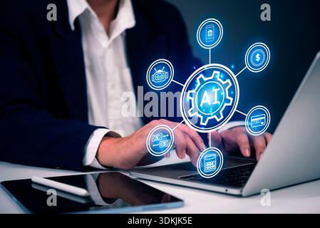 Businessman working on laptop with AI technology icons, artificial intelligence for finance, data management, and digital innovation concept. Stock Photo