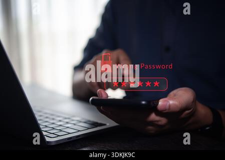 Cybersecurity warning with wrong password error message on smartphone screen, user login attempt failed, online account access denied, and data protec Stock Photo