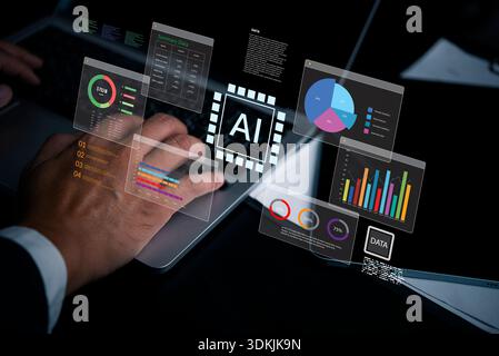 Hand typing on laptop big data artificial intelligence management. machine learning digital marketing, and business technology analytics charts, finan Stock Photo