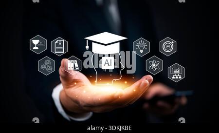 AI in education and innovation. person holding glowing AI icons learning, research, success, and technology. artificial intelligence, digital learning Stock Photo