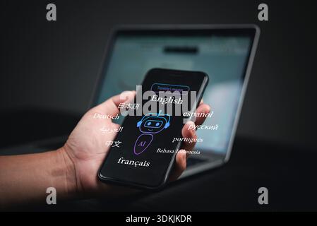 Smartphone AI translation app for global communication. A person holds a digital device displaying various languages, digital transformation, and the Stock Photo