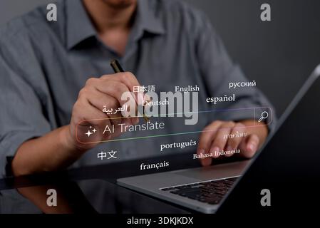 person in a modern workspace using a pen on a laptop, working with AI translation tools to translate text into languages like French, Spanish, and Jap Stock Photo